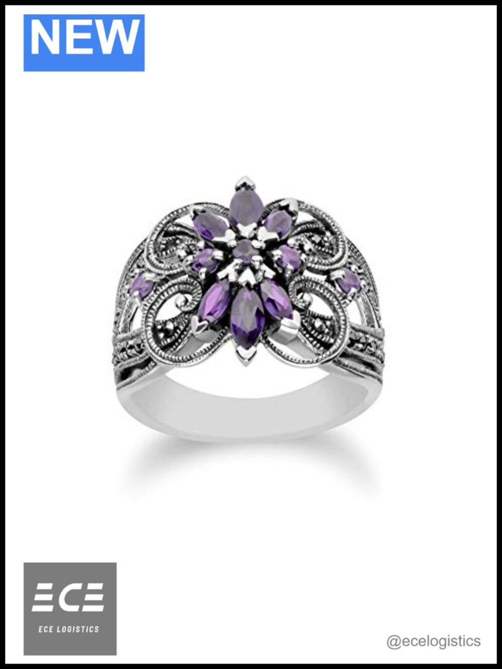 925 Sterling Silver Amethyst Marcasite Art Nouveau Floral Ring